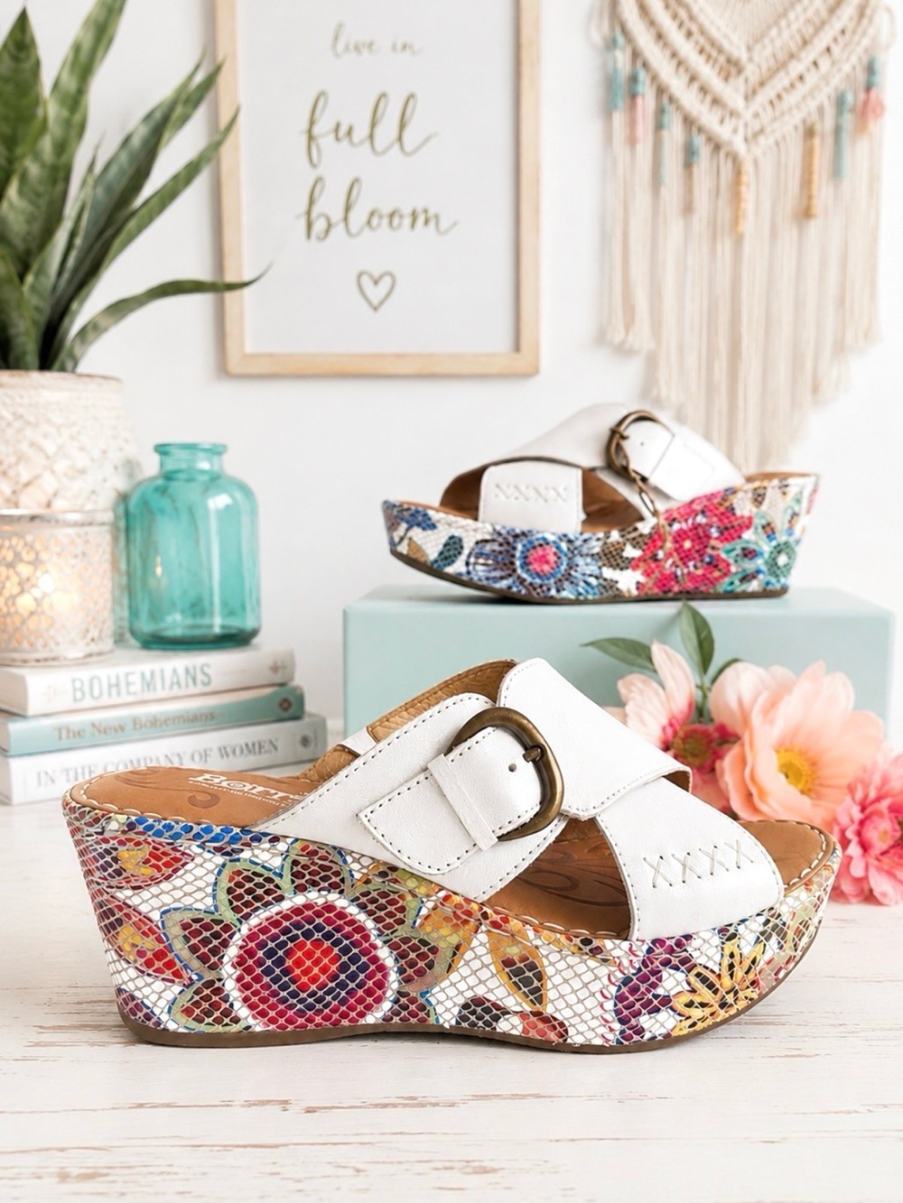 White Slip-On Platform Wedge Sandals w/Brass Buckles and Floral Mosaic Design